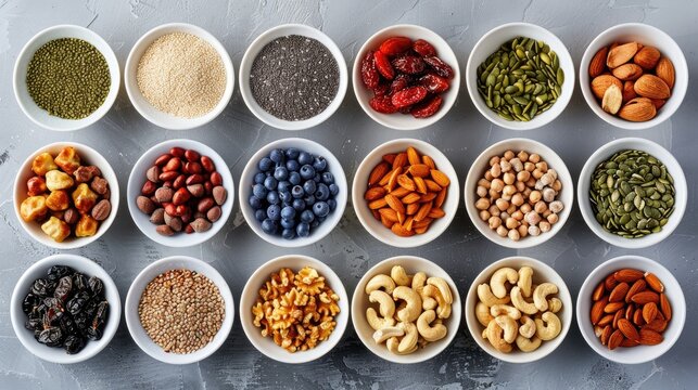 Top view of assorted superfoods and nuts in white bowls on a gray background, including seeds, berries, and dried fruits.