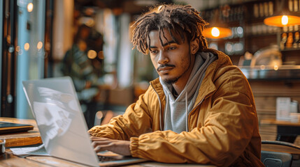 Obraz premium Young man working on laptop in coffee shop, casual freelancer or student at table, candid moments captured, stylish design, youthful energy, daylight cafe interior, AI generative model