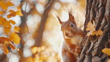 cute portrait with a beautiful fluffy red squirrel peeking out from behind the trunk of an oak with bright Golden foliage in a Sunny autumn Park © Mamstock