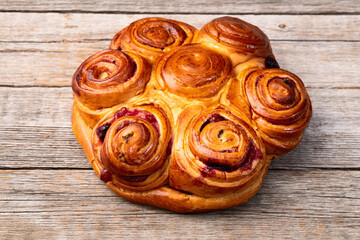 Homemade cake pie roll with cherry . Food background