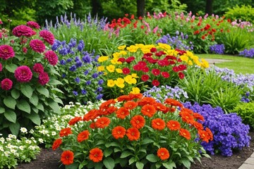 Multi-colored flower bed in the park. Lots of beautiful summer flowers. Lush bright flowering in the garden. Multicolor blooming front garden. Outdoor summer gardening.