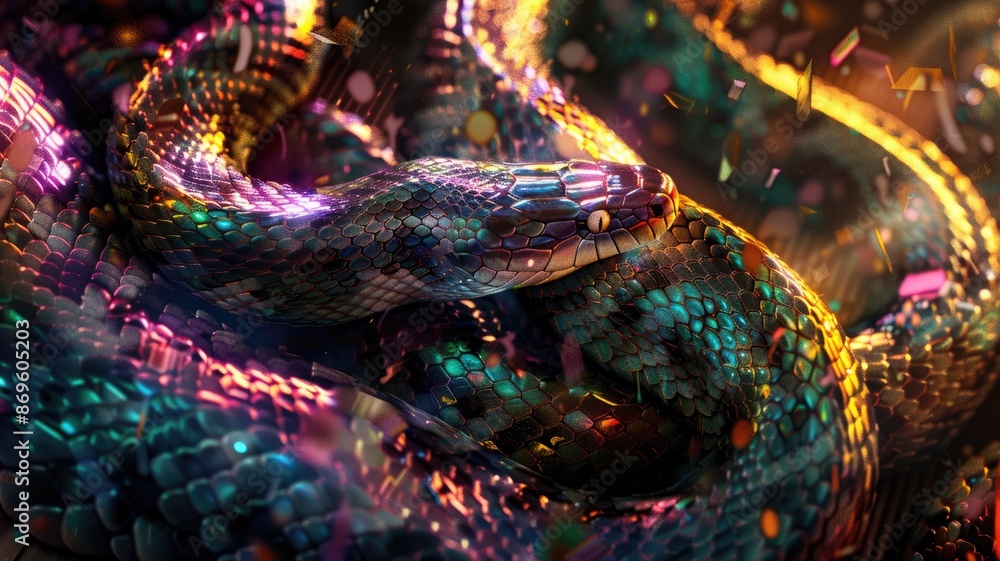 Poster iridescent snake coiled, reflecting multicolored light in festive setting