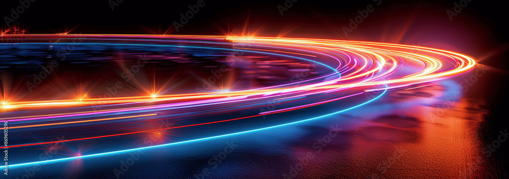 Poster dynamic neon lines glowing curved road with reflection on dark floor, futuristic abstract technology