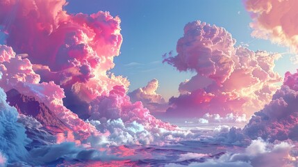 Vibrant sunset in a dreamy sky with pink and purple clouds over a serene ocean, creating a surreal and peaceful landscape.