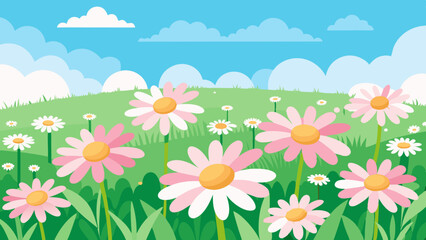 Obraz premium Meadow with many white and pink spring daisy flowers on a sunny day. Nature landscape vector illustration