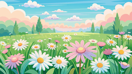 Obraz premium Meadow with many white and pink spring daisy flowers on a sunny day. Nature landscape vector illustration