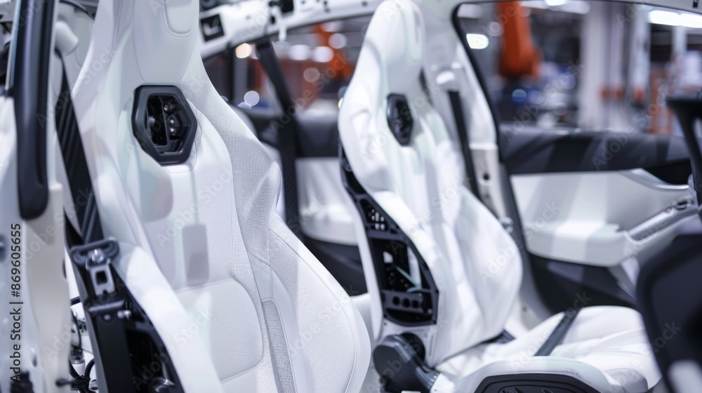 Poster close-up view of two white car seats being assembled in a factory. the seats are covered in white fa