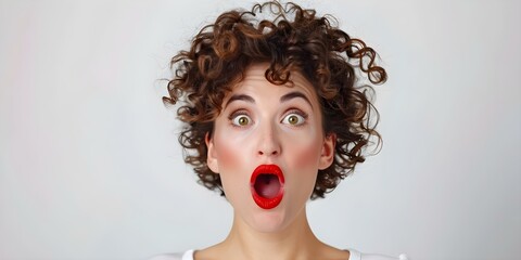 Woman with a surprised expression, red lips, and curly hair presenting a product on camera. Concept Beauty Influencer, Product Demo, Surprised Reaction, Makeup Tutorial, Curly Hair Model