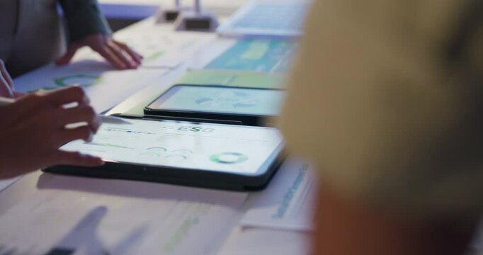 Closeup group Asia businesspeople talk ESG strategies risk management workshop night, SDGs, global warming, green finance and investment and net zero waste lifestyle in boardroom training building.