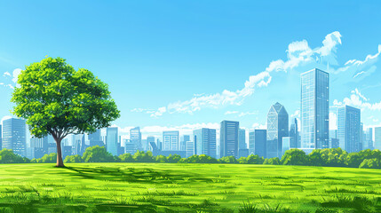 Grassland and a tree in the background of urban skyline - the concept of green city