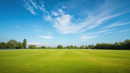 cricket field on a sunny day. Cricket pitch empty summer sport green grass field background. cricket pitch on a sunny day.