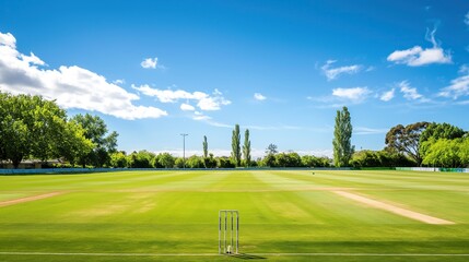 cricket field on a sunny day. Cricket pitch empty summer sport green grass field background. cricket pitch on a sunny day.