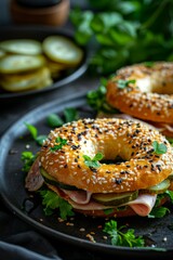 Bagel with Ham and Cheese: A bagel sandwich with layers of ham, cheddar cheese, and various toppings. Served a dark plate. 