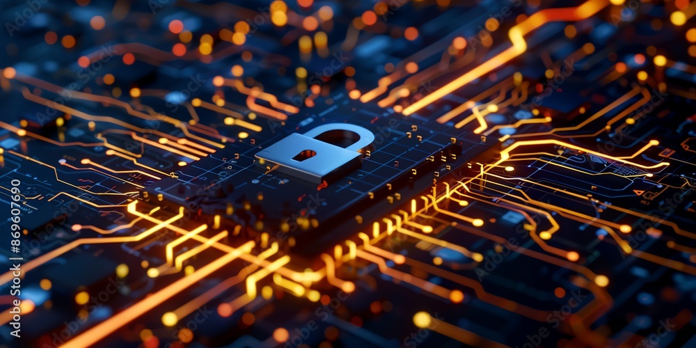 Aufkleber a computer chip with a lock on it. the chip is surrounded by a lot of orange lines