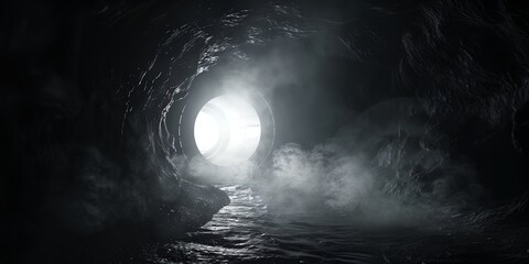 Obraz premium A tunnel with a light shining through it. The tunnel is dark and the light is the only source of illumination