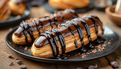 Chocolate Eclairs on a Black Plate
