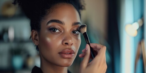 A woman is applying makeup in front of a mirror. She is using a brush to apply powder to her face
