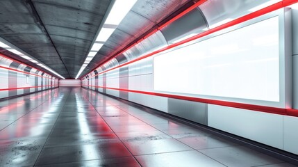 Fototapeta premium Long subway tunnel with white billboard and striking red accents. Perspective and advertising design concept
