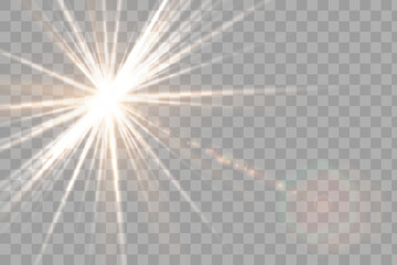 White glowing light explodes on a transparent background. with ray. Transparent shining sun, bright flash. Special lens flare light effect.