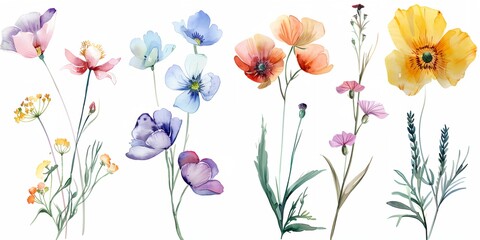 Set of field flowers with a variety of colors and sizes. The flowers are arranged in a way that creates a sense of harmony and balance
