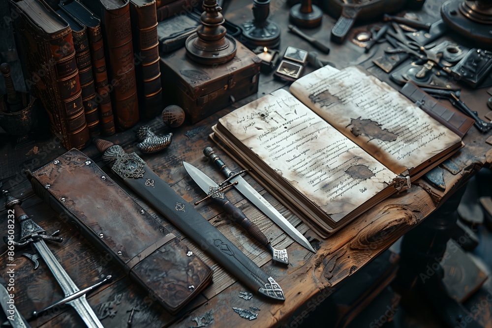 Poster A table with a book and two swords on it. The swords are on a leather cover and the book is open