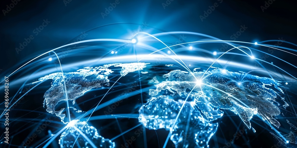 Poster a blue globe with many lines and dots on it. the globe is lit up with a bright light
