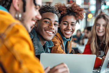 Diverse group of university students collaborating on laptops in classroom - Young people studying together in college library