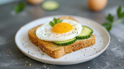 Delicious toast with pate boiled egg, cucumber and cream cheese on a white plate. Healthy eating, breakfast. Keto diet food. Tasty food.