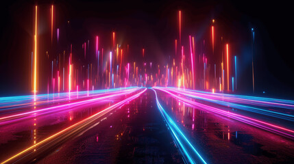 3D Render Abstract Neon Background with Glowing Lines Futuristic Landscape Colorful Light Rays Modern Design Shiny Speed Road in Space Flat Lay