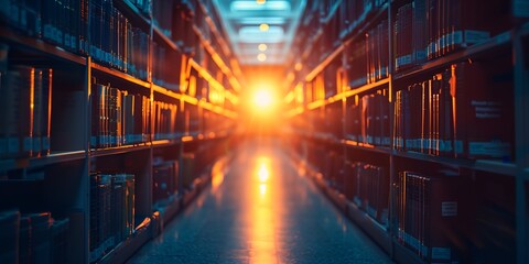 Fototapeta premium A library with shelves of books and a sun shining through the windows. The sun is casting a warm glow on the books, creating a peaceful and inviting atmosphere