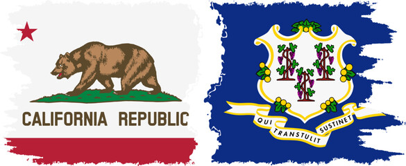 Connecticut and California states grunge brush flags connection, vector