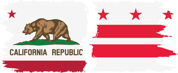District of Columbia USA - Washington, DC and California state grunge brush flags connection vector