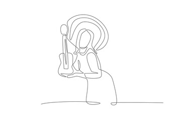 Traditional mexican musician with ukulele. Mexican culture concept one-line drawing