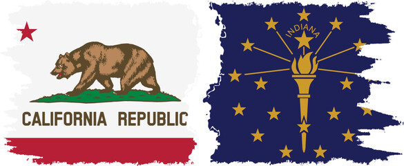 Indiana and California states grunge brush flags connection vector