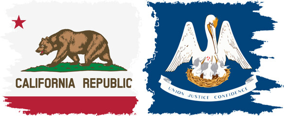 Louisiana and California states grunge brush flags connection vector
