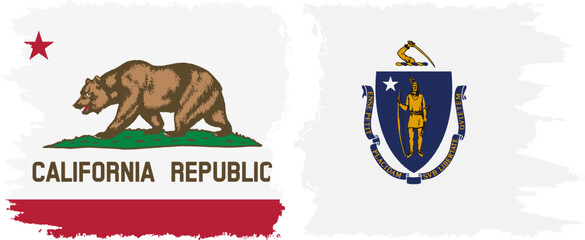 Massachusetts and California states grunge brush flags connection vector