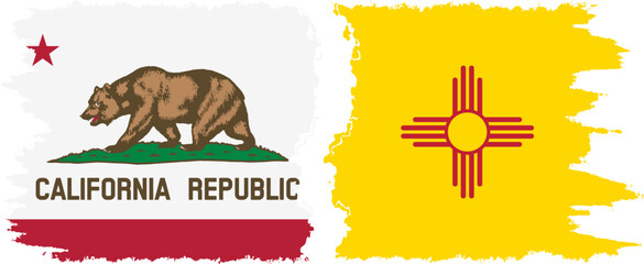New Mexico and California states grunge brush flags connection vector