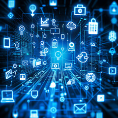 Fototapeta premium A computer screen with many icons and a blue background. The icons are all related to technology and communication. Scene is futuristic and advanced