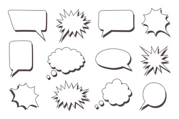 Black and white collection of hand drawn speech bubbles doodle set of design elements. Vector illustration.