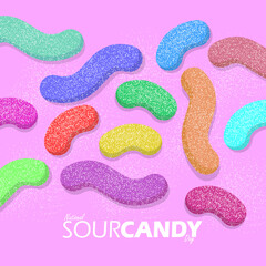 National Sour Candy Day event food banner. Various flavors and colors of sour candy on purple background to celebrate on July 18th