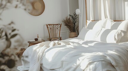 Cozy White Bedroom with Natural Light and a Bamboo Chair