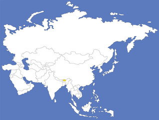 Highlighted yellow map of BHUTAN inside white political map of Asia using orthographic projection on dark blue background