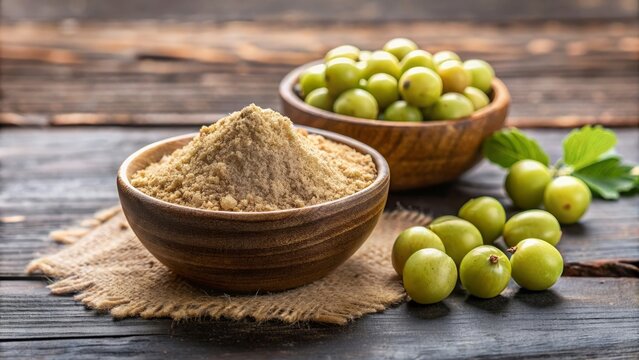 Fresh Amla Powder and Raw Avla on Rustic Wooden Table - Ayurvedic Supplement Concept
