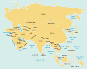 Highlighted red map of BHUTAN inside orange detailed tagged map of Asia using orthographic projection on blue background