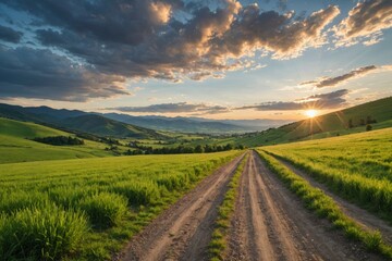 Beautiful summer mountain rural landscape. Panorama of summer green field with dirt road and Sunset cloudy sky.