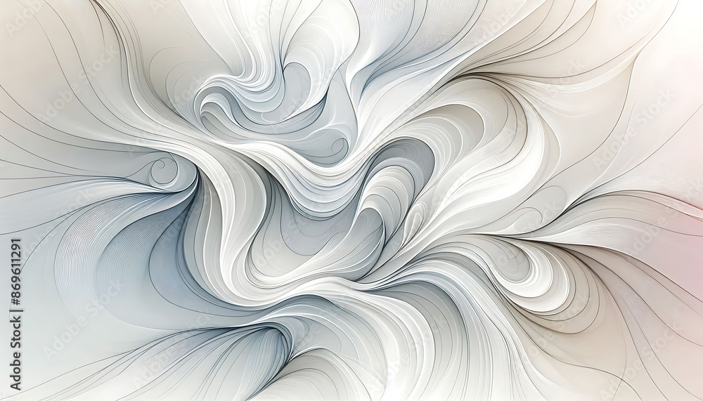 Poster an abstract design with swirling white and grey lines, creating a sense of movement and depth.