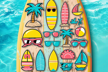 Vibrant cartoon sticker icons on distressed surfboard summer vacation elements in bold colors, evoking fun and carefree beach vibes.