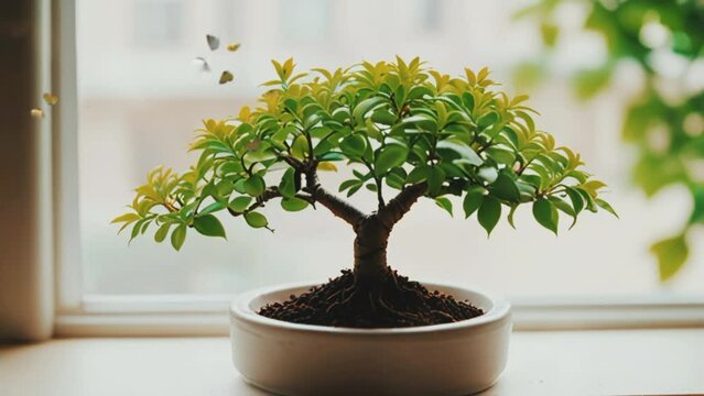 bonsai plants and butterflies, 4K virtual video animation background that rotates smoothly