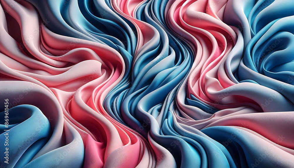 Poster an abstract pattern of pink and blue waves. the waves are flowing and overlapping, creating a sense 