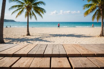 Fototapeta premium Empty wooden table on blur background of beautiful beach for mockup summer product display or travel ad. Picnic table with customizable space on table-top for editing.